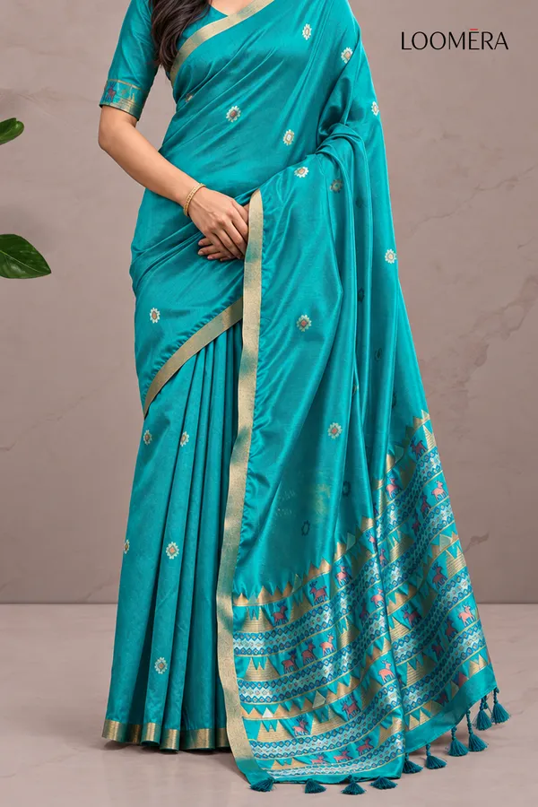 Teal_Blue_Tussar_Silk_Saree_with_Golden_Border