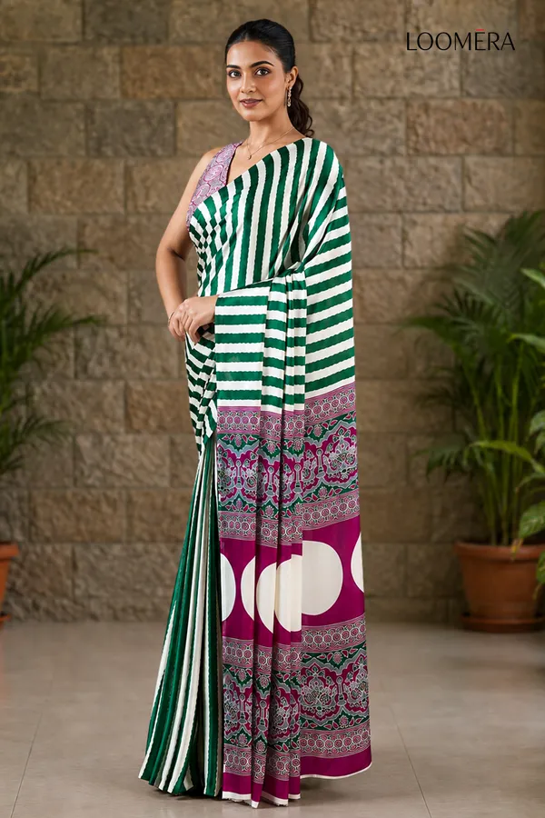 Premium_Green_and_White_Striped_Saree_with_Ajrakh_Pallu