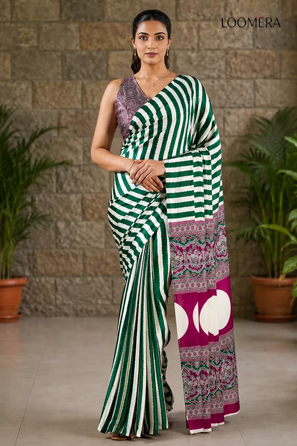 Premium_Green_and_White_Striped_Saree_with_Ajrakh_Pallu