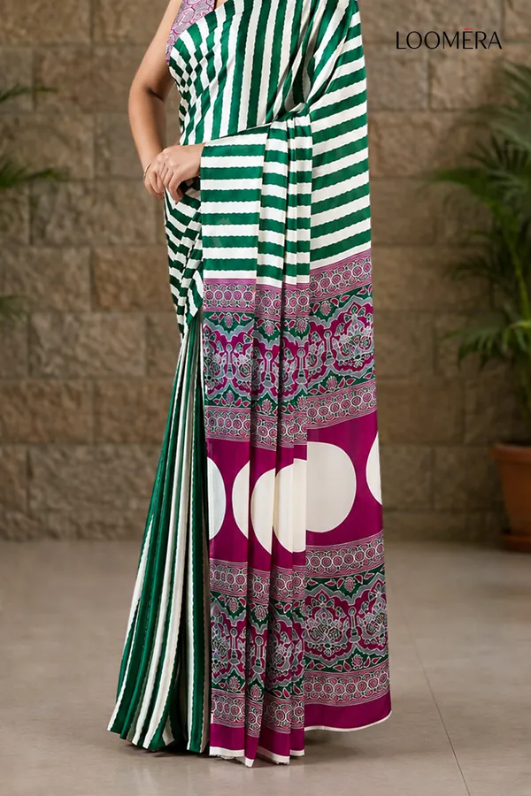Premium_Green_and_White_Striped_Saree_with_Ajrakh_Pallu