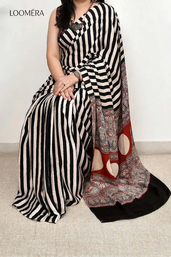 Black_and_White_Striped_Saree_with_Ajrakh_Print_Pallu
