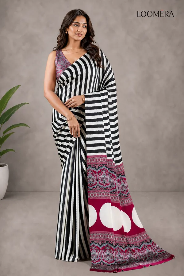 Premium_Black_and_White_Striped_Saree_with_Ajrakh_Pallu