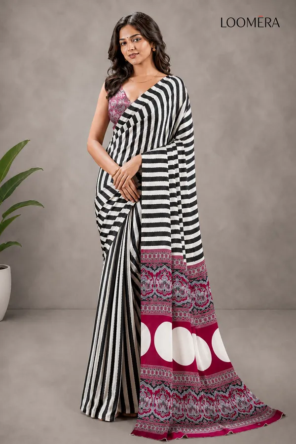 Premium_Black_and_White_Striped_Saree_with_Ajrakh_Pallu