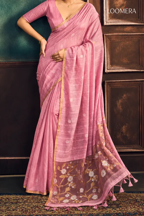 Rose_Pink_Munga_Cotton_Saree_with_Golden_Border