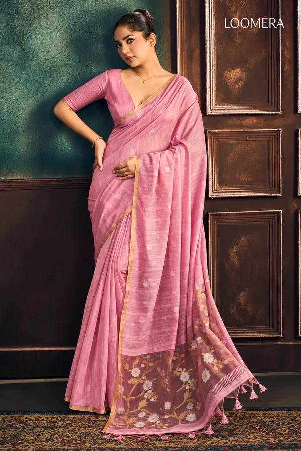 Rose_Pink_Munga_Cotton_Saree_with_Golden_Border