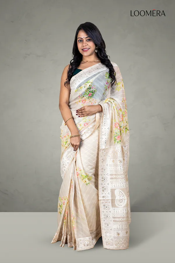 Beige_Saree_With_Floral_Print_And_Mirror_Design_Border