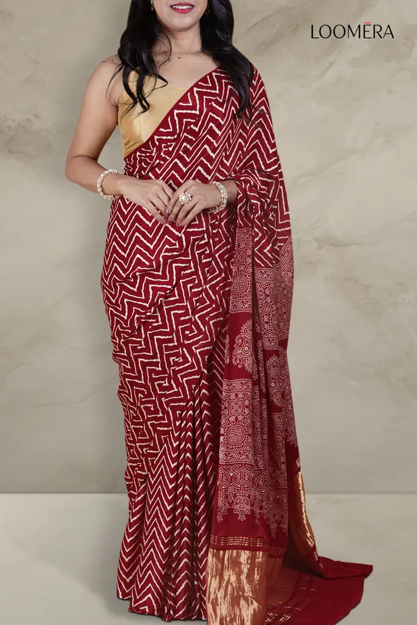 Maroon_Ajrakh_Modal_Silk_Saree_with_Hand_Block_Print