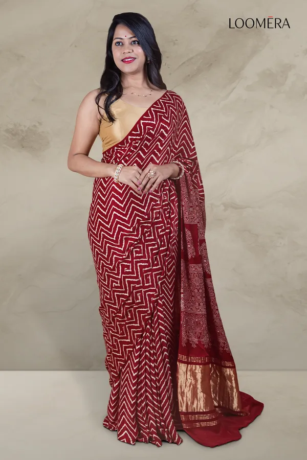Maroon_Ajrakh_Modal_Silk_Saree_with_Hand_Block_Print
