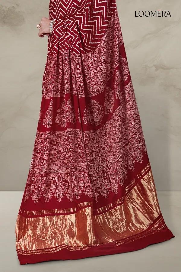 Maroon_Ajrakh_Modal_Silk_Saree_with_Hand_Block_Print