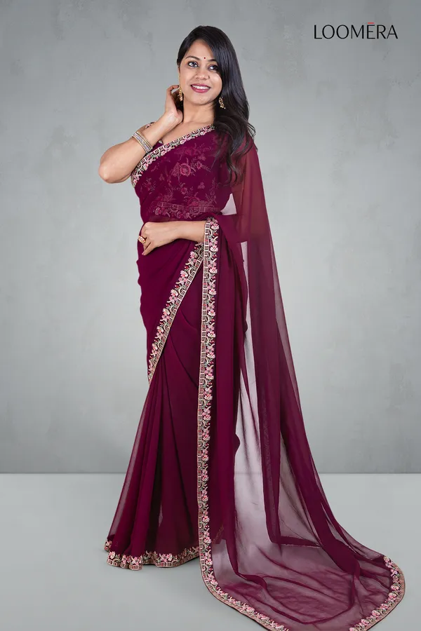 Plum_Georgette_Saree_With_Embroidered_Border_And_Designer_Blouse