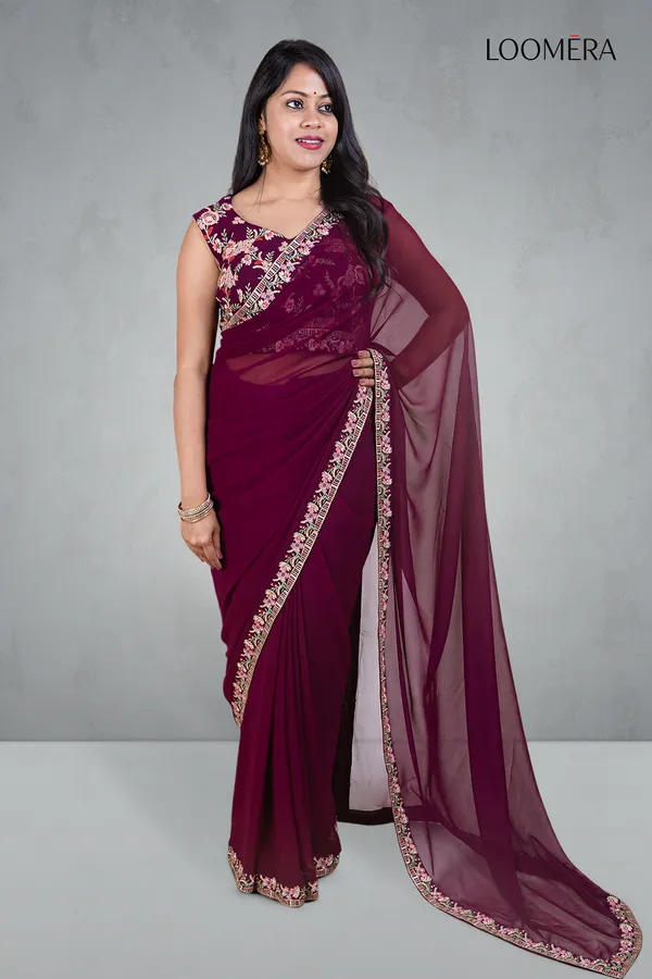 Plum_Georgette_Saree_With_Embroidered_Border_And_Designer_Blouse