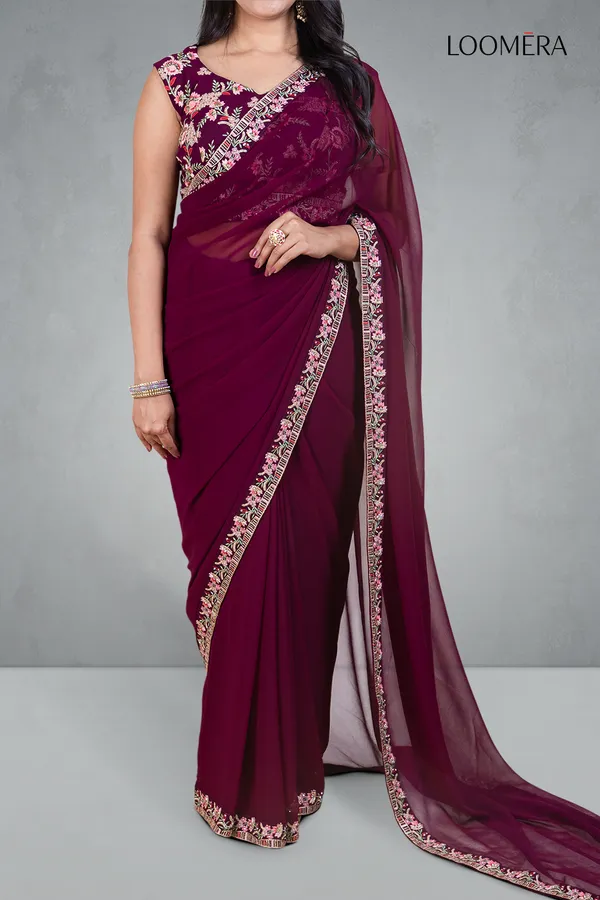 Plum_Georgette_Saree_With_Embroidered_Border_And_Designer_Blouse