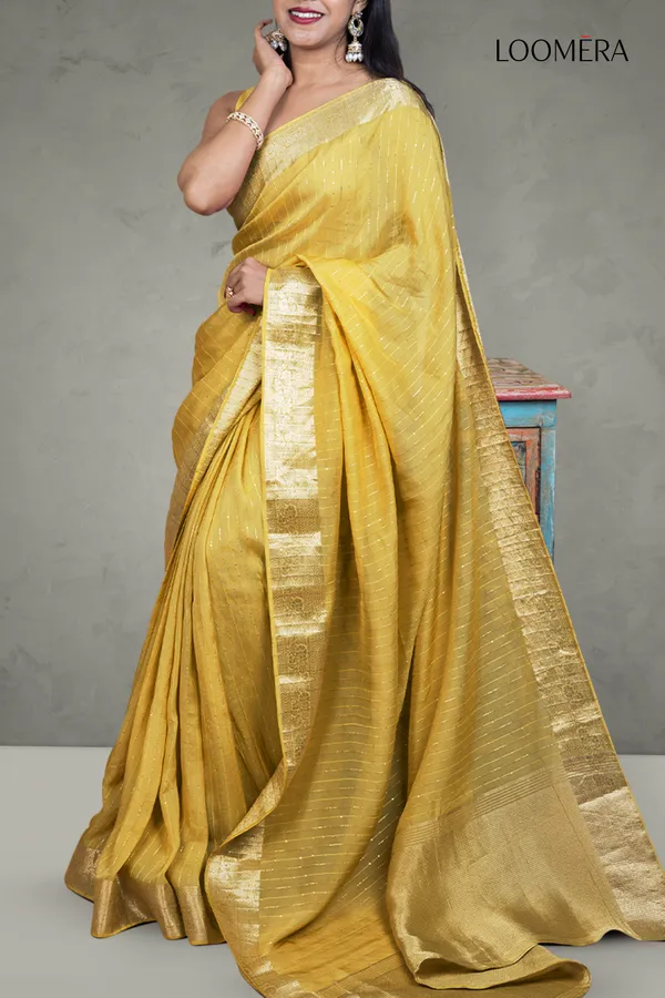 Mustard_Yellow_Sequined_Line_Saree_With_Floral_Zari_Border