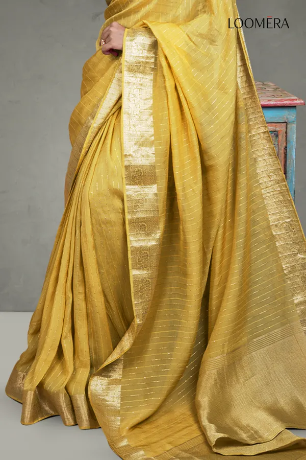 Mustard_Yellow_Sequined_Line_Saree_With_Floral_Zari_Border