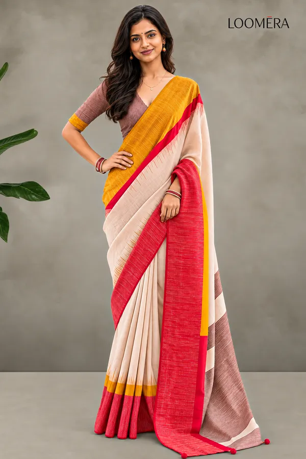 Beige_Saree_with_Red_and_Yellow_Border