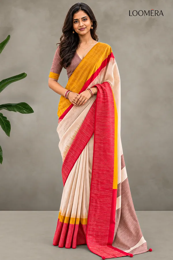 Beige_Saree_with_Red_and_Yellow_Border