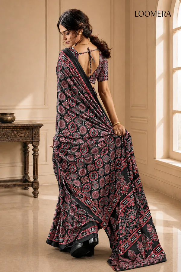 Black_Soft_Modal_Silk_Saree_with_Ajrakh_Print