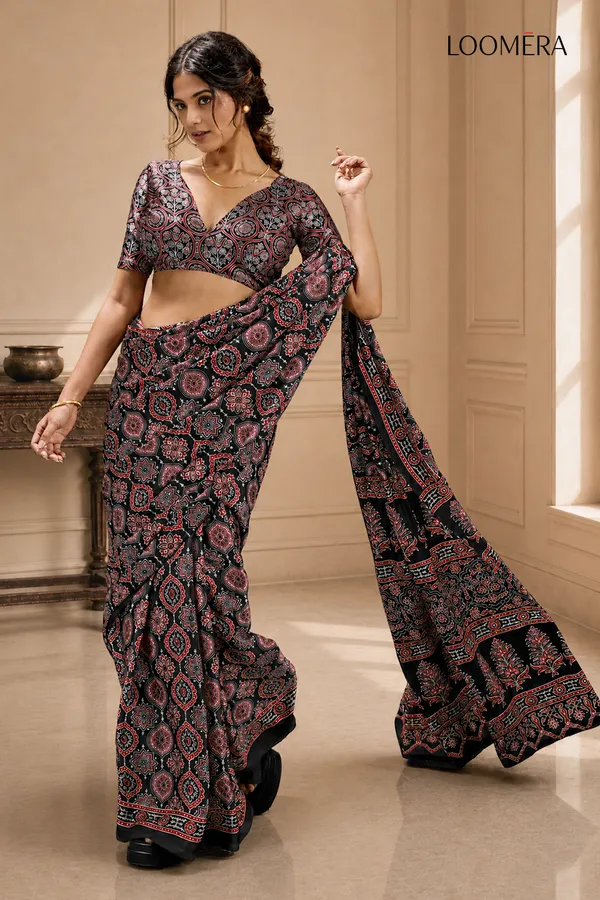 Black_Soft_Modal_Silk_Saree_with_Ajrakh_Print