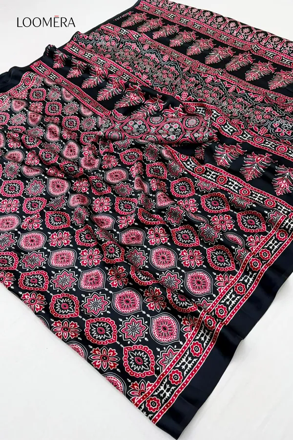 Black_Soft_Modal_Silk_Saree_with_Ajrakh_Print