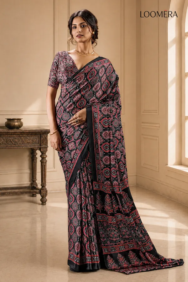 Black_Soft_Modal_Silk_Saree_with_Ajrakh_Print