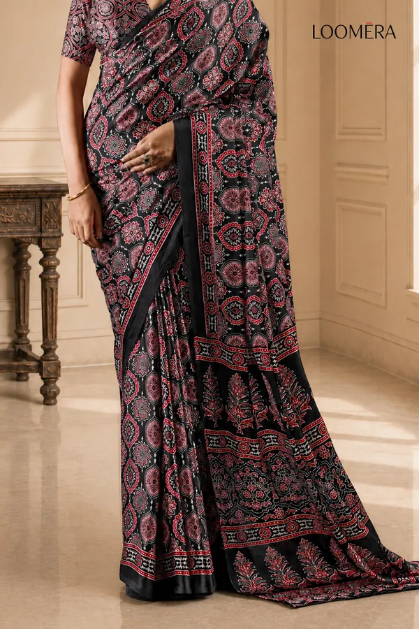 Black_Soft_Modal_Silk_Saree_with_Ajrakh_Print