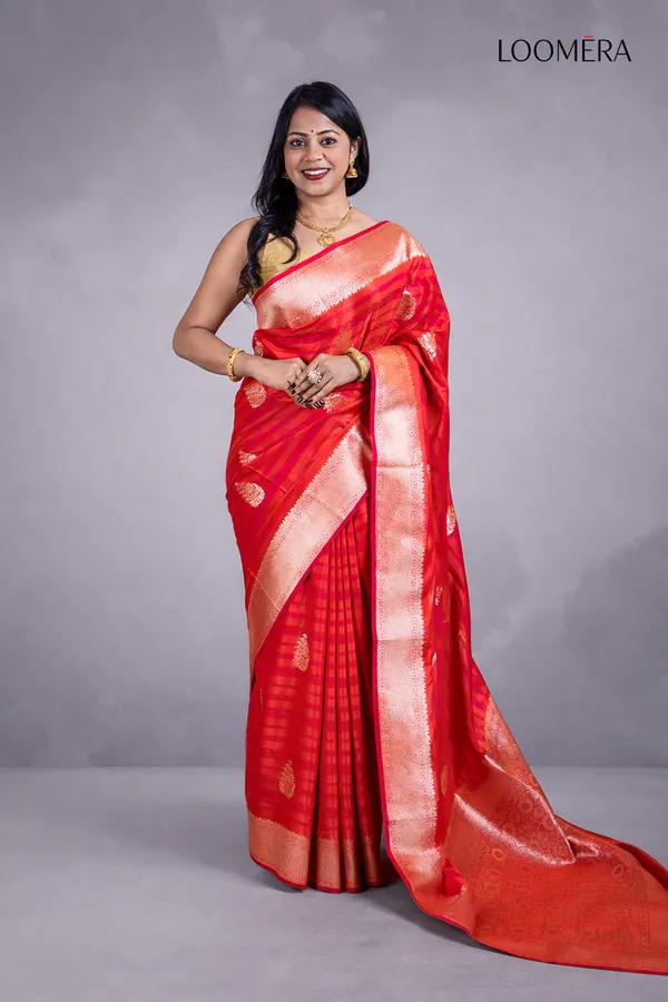 Red_Viscose_Silk_Saree_With_Floral_Buttas_And_Zari_Border
