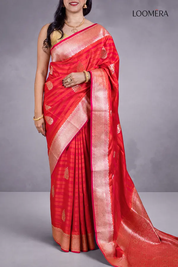 Red_Viscose_Silk_Saree_With_Floral_Buttas_And_Zari_Border