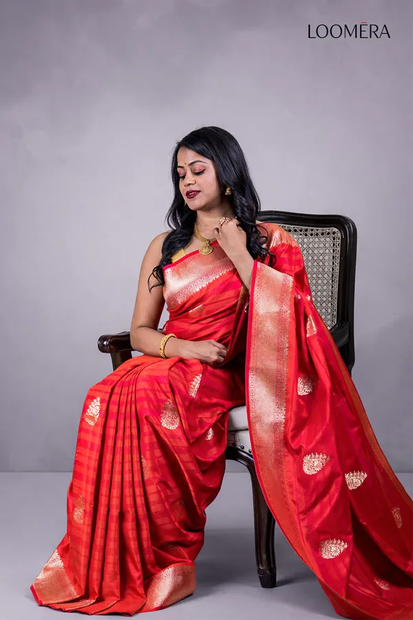 Red_Viscose_Silk_Saree_With_Floral_Buttas_And_Zari_Border
