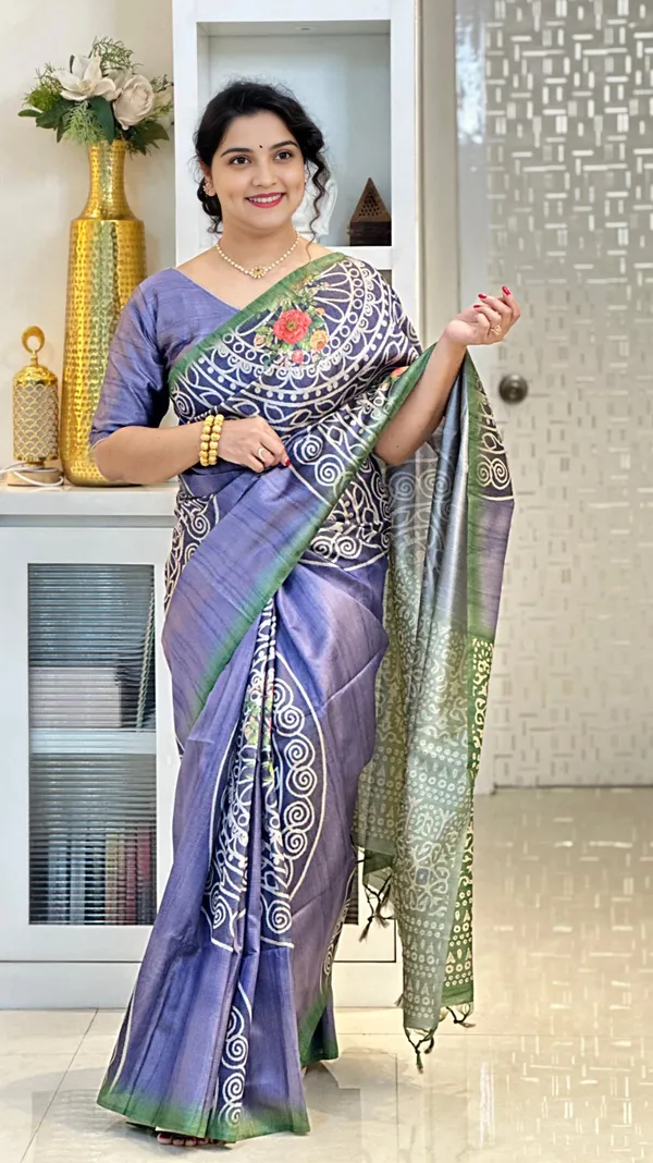 Soft_Tussar_Silk_sarees_with_Beautiful_Print_With_Attractive_Zari_Line_Saree_And_Print_Blouse_With_Tassels