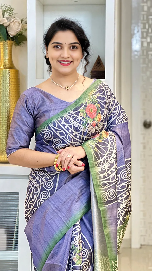 Soft_Tussar_Silk_sarees_with_Beautiful_Print_With_Attractive_Zari_Line_Saree_And_Print_Blouse_With_Tassels