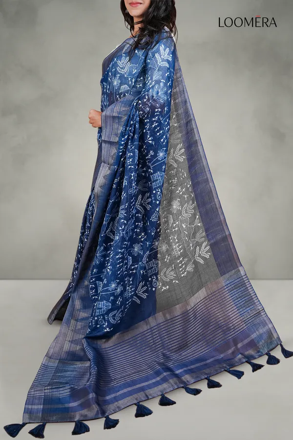 Indigo_Blue_Cotton_Printed_Saree_With_Zari_Border_And_Readymade_Blouse