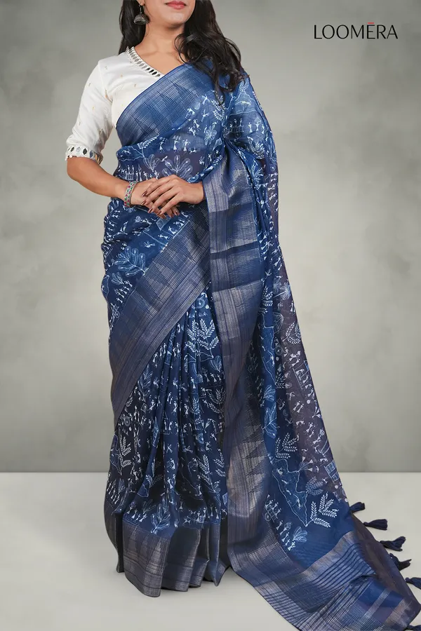 Indigo_Blue_Cotton_Printed_Saree_With_Zari_Border_And_Readymade_Blouse