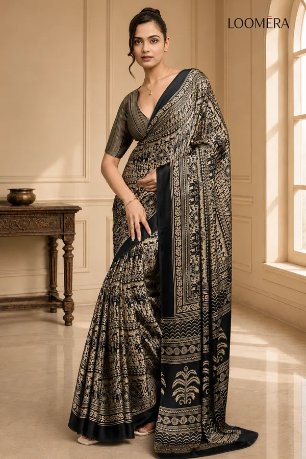 Black_and_Beige_Tribal_Print_Modal_Silk_Saree
