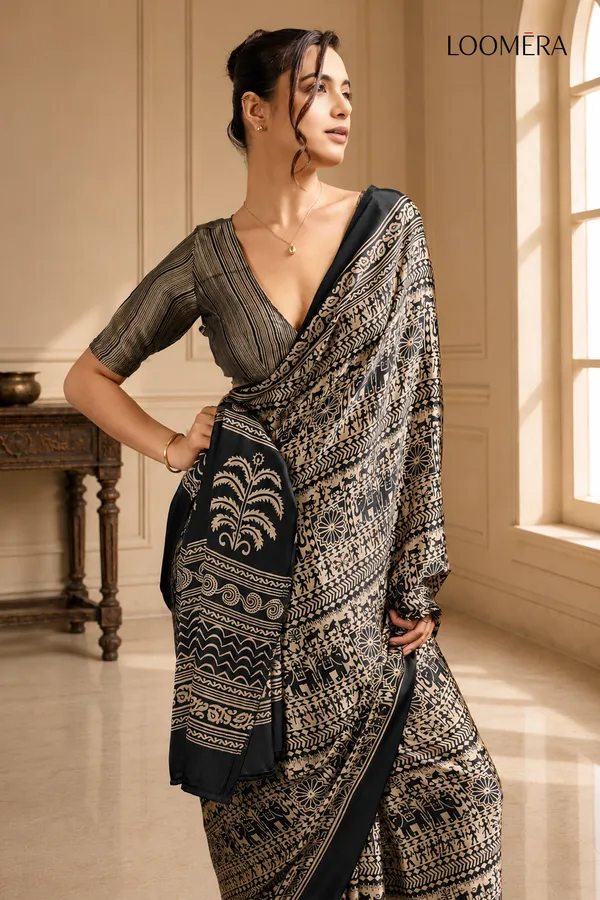 Black_and_Beige_Tribal_Print_Modal_Silk_Saree