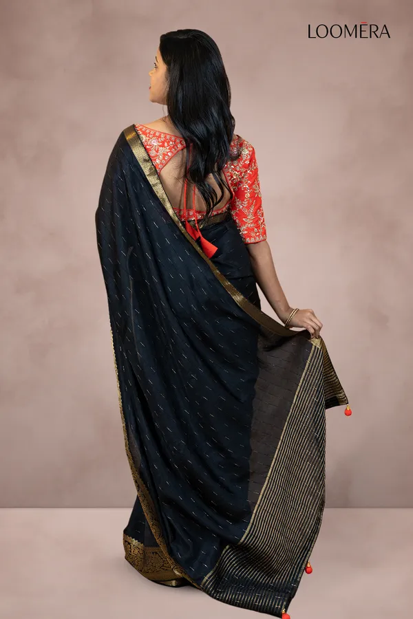 Black_Saree_With_Golden_Zari_Border_And_Designer_Blouse