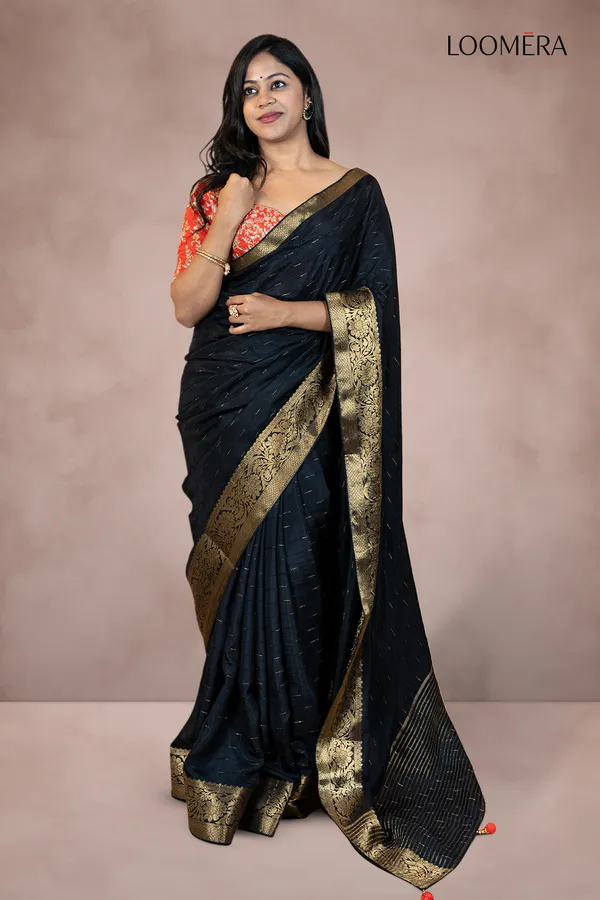 Black_Saree_With_Golden_Zari_Border_And_Designer_Blouse