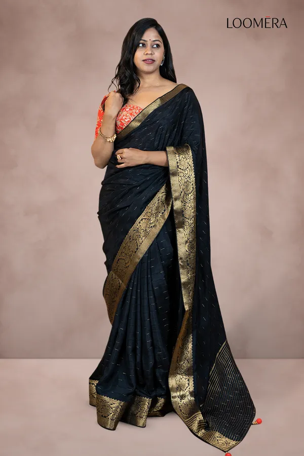 Black_Saree_With_Golden_Zari_Border_And_Designer_Blouse