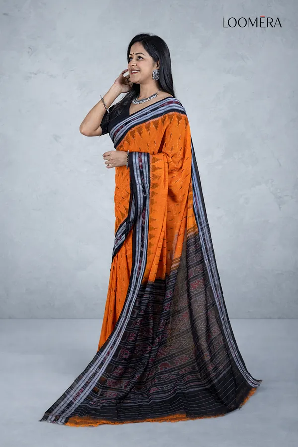 Orange_And_Black_Handloom_Ikat_Cotton_Saree