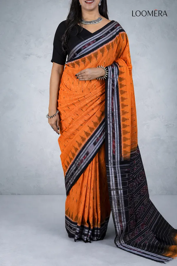 Orange_And_Black_Handloom_Ikat_Cotton_Saree