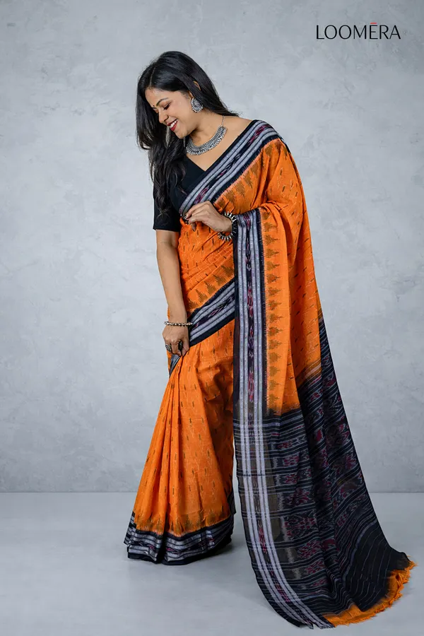 Orange_And_Black_Handloom_Ikat_Cotton_Saree