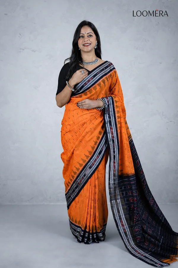 Orange_And_Black_Handloom_Ikat_Cotton_Saree
