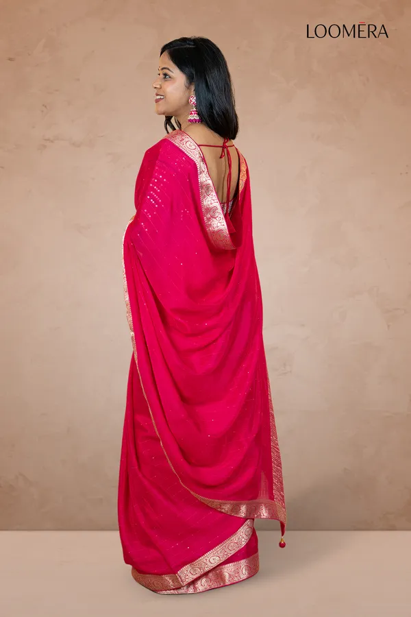 Ruby_Red_Saree_With_Golden_Zari_Border_And_Heavy_Blouse