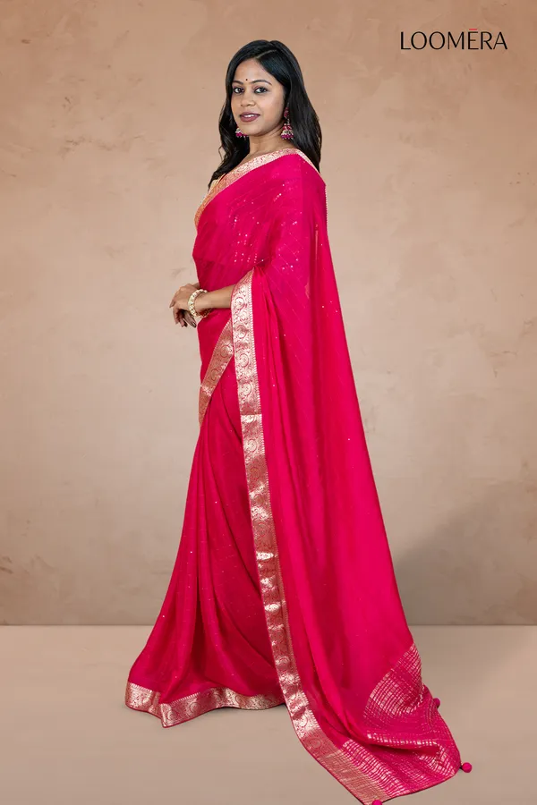 Ruby_Red_Saree_With_Golden_Zari_Border_And_Heavy_Blouse