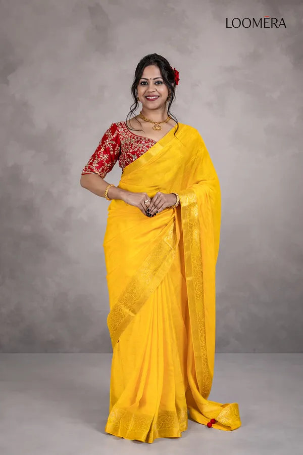 Yellow_Saree_With_Golden_Zari_Border_And_Readymade_Blouse