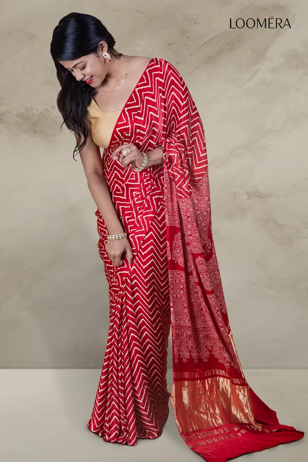 Red_Ajrakh_Modal_Silk_Saree_With_Hand_Block_Print
