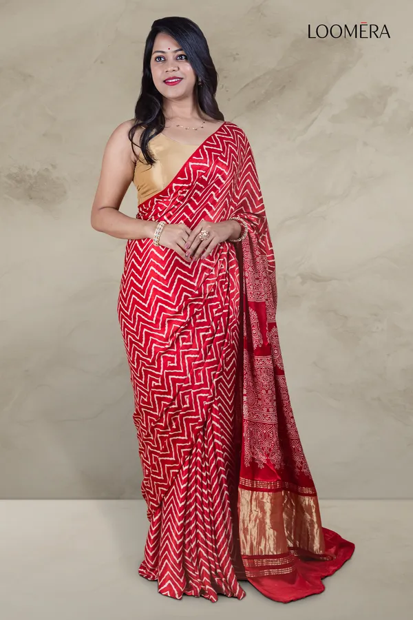 Red_Ajrakh_Modal_Silk_Saree_With_Hand_Block_Print