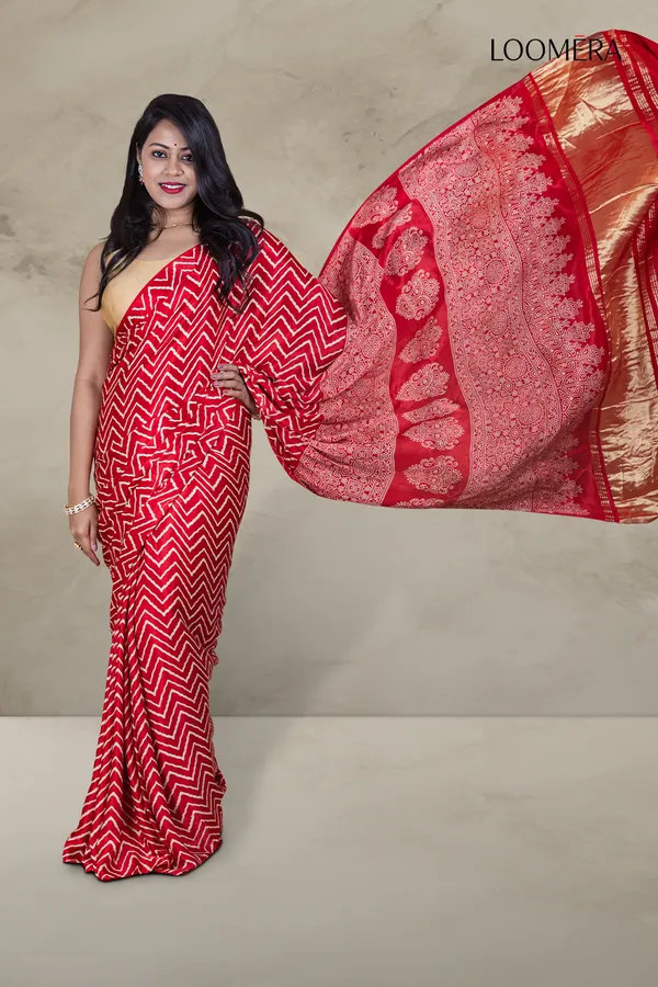 Red_Ajrakh_Modal_Silk_Saree_With_Hand_Block_Print