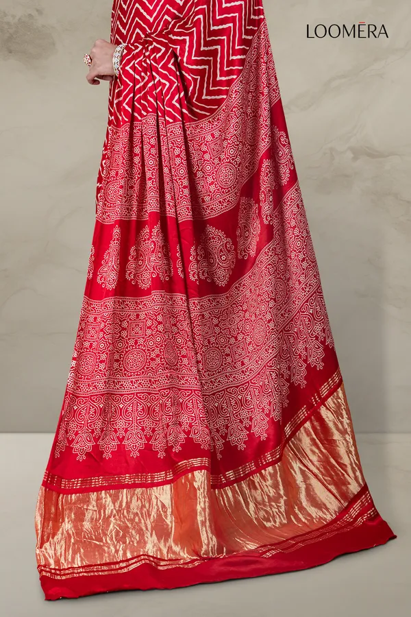 Red_Ajrakh_Modal_Silk_Saree_With_Hand_Block_Print