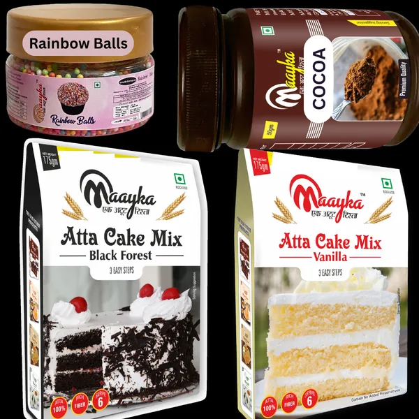 Pack_Of_4_Maayka|_Atta_|_Premium_|_Vanilla_&_Black_Forest_Cake_Mix_&_Cocoa_Powder_&_Red_Balls