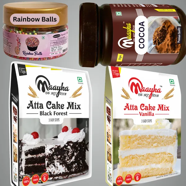 Pack_Of_4_Maayka|_Atta_|_Premium_|_Vanilla_&_Black_Forest_Cake_Mix_&_Cocoa_Powder_&_Red_Balls